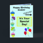Daddy Birthday Blue Cupcake Tower Kids Artwork Karte<br><div class="desc">Happy Birthday DADDY ist in rot und schwarz Typografie vor helltürkisblauem Hintergrund mit bunten Ballons geschrieben. Yummy Vanille und Schokolade dekorierte Kuchen. Es ist Ihr besonderer Tag ist gegen hellbeige grün und gelb geometrischen Rechteck geschrieben. Inside links hat Geburtstag wünscht DADDY in blauer Typografie und fliegenden Ballons. Blauer und schwarzer...</div>