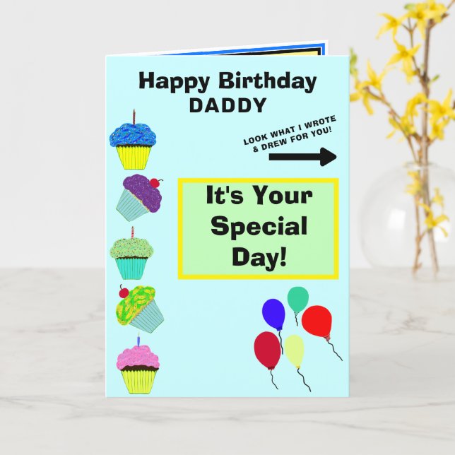 Daddy Birthday Blue Cupcake Tower Kids Artwork Karte (Gelbe Blume)