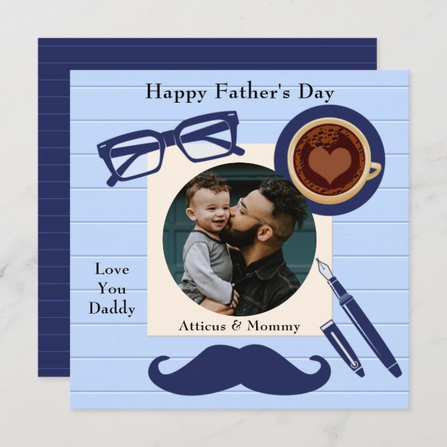 Daddy Blue Mustache Coffee Happy Vathers Day Card Einladung (Vorne/Hinten)