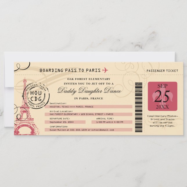 Daddy Daughter Dance Paris France Boarding Pass Einladung (Vorderseite)