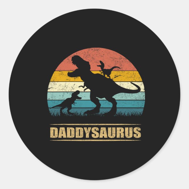 Daddy Dinosaur Daddysaurus 2 Two Kids Funny Vater Runder Aufkleber (Vorderseite)