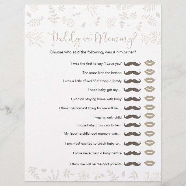Daddy oder Mommy Forest Blätter Baby Shower Game (Vorderseite)