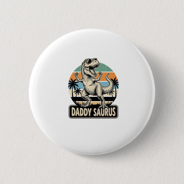 Daddy Saurus Retro-Dinosaur-Sonnenuntergang-Shirt- Button (Vorderseite)