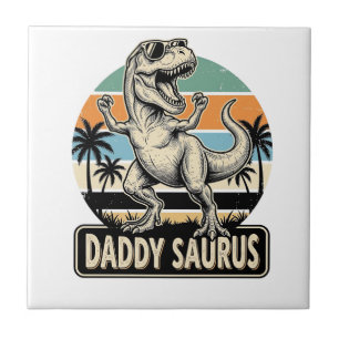 Daddy Saurus Retro-Dinosaur-Sonnenuntergangs-Shirt Fliese