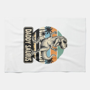 Daddy Saurus Retro-Dinosaur-Sonnenuntergangs-Shirt Geschirrtuch