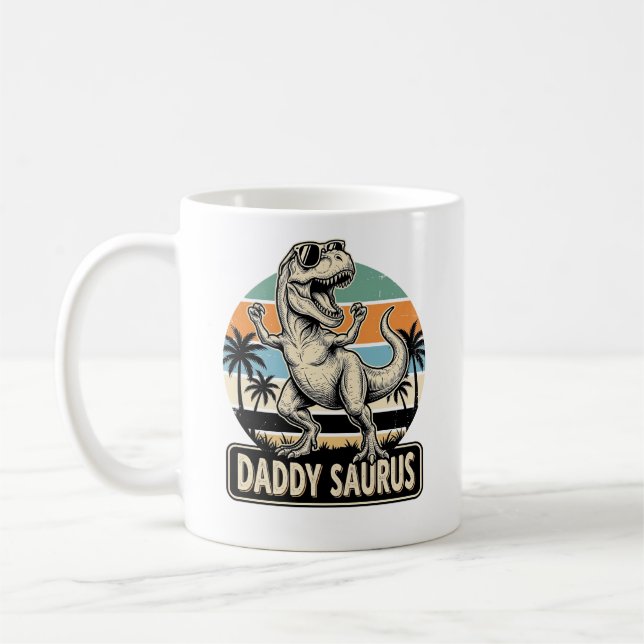 Daddy Saurus Retro-Dinosaur-Sonnenuntergangs-Shirt Kaffeetasse (Links)