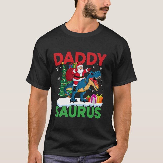 Daddy Saurus T Rex Christmas Santa Lights Tree Din T-Shirt (Vorderseite)