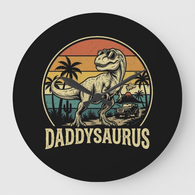 Daddy Trex Dinosaur Daddysaurus Retro Vatertag  Große Wanduhr (Vorderseite)