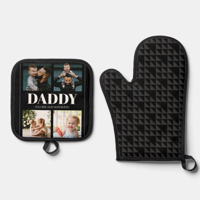 Daddy You are our Superheld Foto Collage Pattern Ofenhandschuh & Topflappen-Set (Vorderseite)