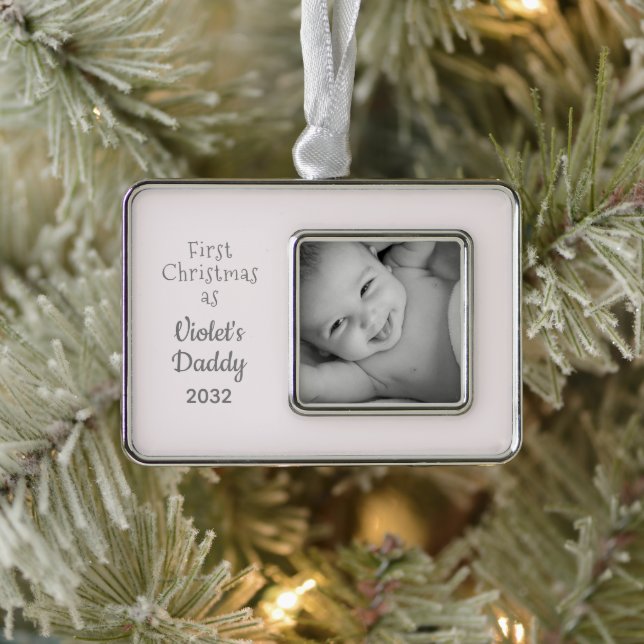 Daddys erstes Foto Personalisierter Weihnachtsname Rahmen-Ornament Silber (Baum)