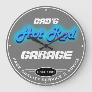 Dad's or Any Name Garage Grey Faux Neon Look Große Wanduhr