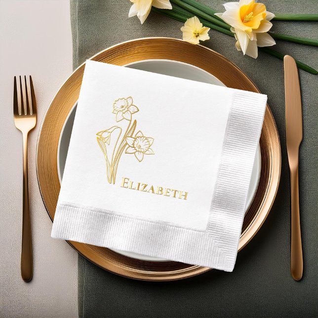 Daffodien Blumenwald Kontur Stift Napkins Servietten Mit Folie (Elegant Spring Daffodils Floral Outline Foil Stamped Napkins)