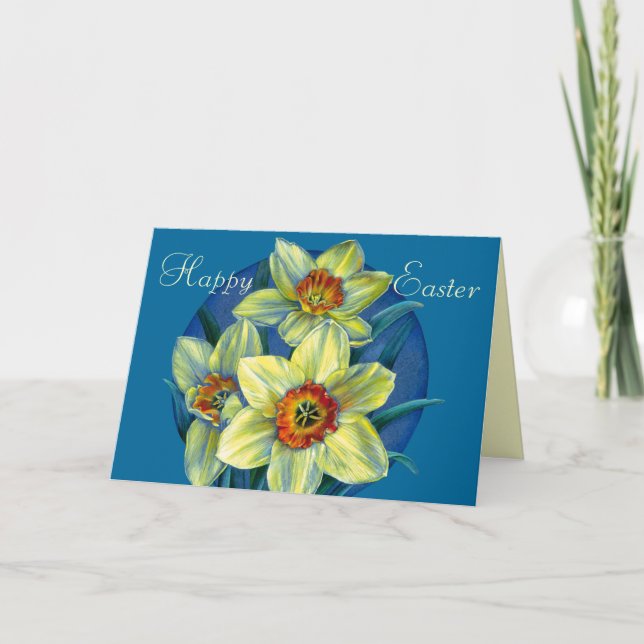 Daffodien "Happy Oaster", gelbe und blaue Karte (Vorderseite)