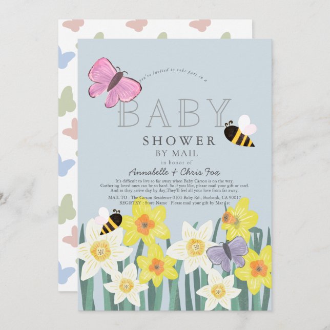 Daffodil Butterfly Bee Floral Baby Shooter by Mail Einladung (Vorne/Hinten)