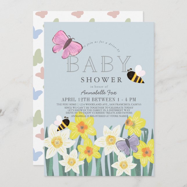 Daffodil Butterfly Bee Floral Drive by Baby Shower Einladung (Vorne/Hinten)