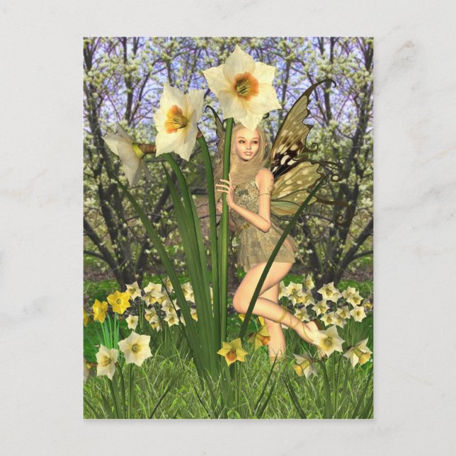 Daffodil Fairy mit Frühlingshintergrund Postkarte (Vorderseite)
