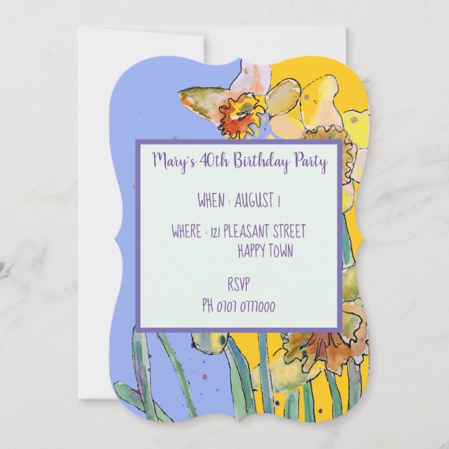 Daffodil Floral 40. Geburtstag Gelbe Einladung (Vorderseite)