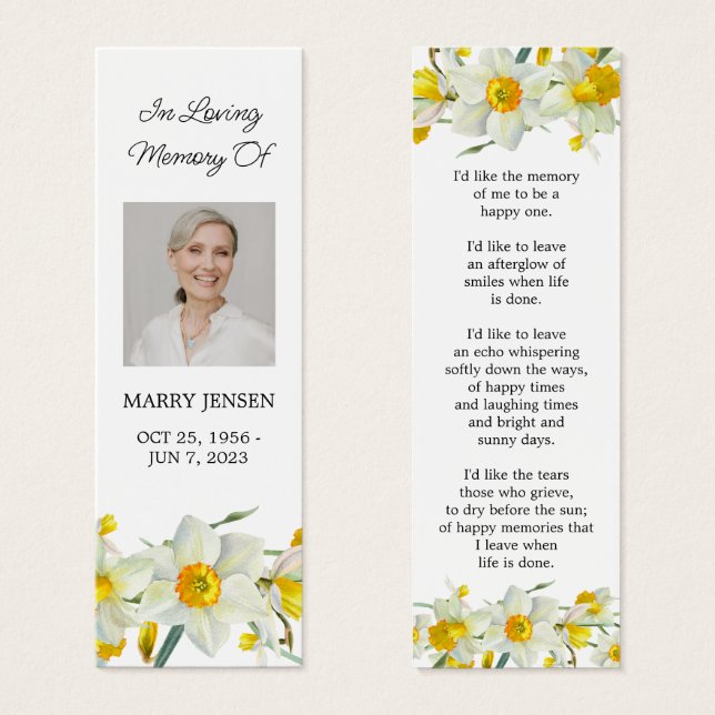 Daffodil Floral Photo Funeral Memorial Bookmark (Vorne & Hinten)