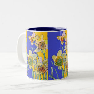 Daffodil-Malerei Wasserfarbe Gelb Blauer Blütenbo Zweifarbige Tasse