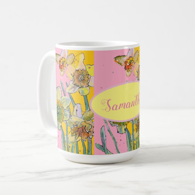 Daffodil-Malerei Wasserfarbe Gelb Rosa Blütenfarbe Kaffeetasse (Vorderseite Links)