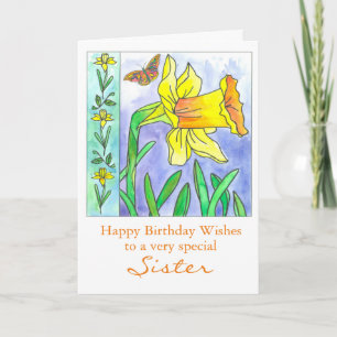 Daffodil Watercolor Blume Happy Birthday Sister Karte