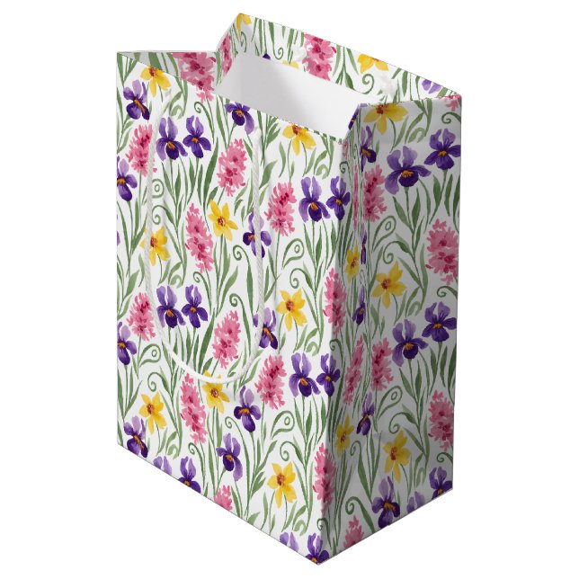 Daffodil Yellow, Iris Purple, Hyacinth Pink Floral Mittlere Geschenktüte (Rückseite Schrägansicht)
