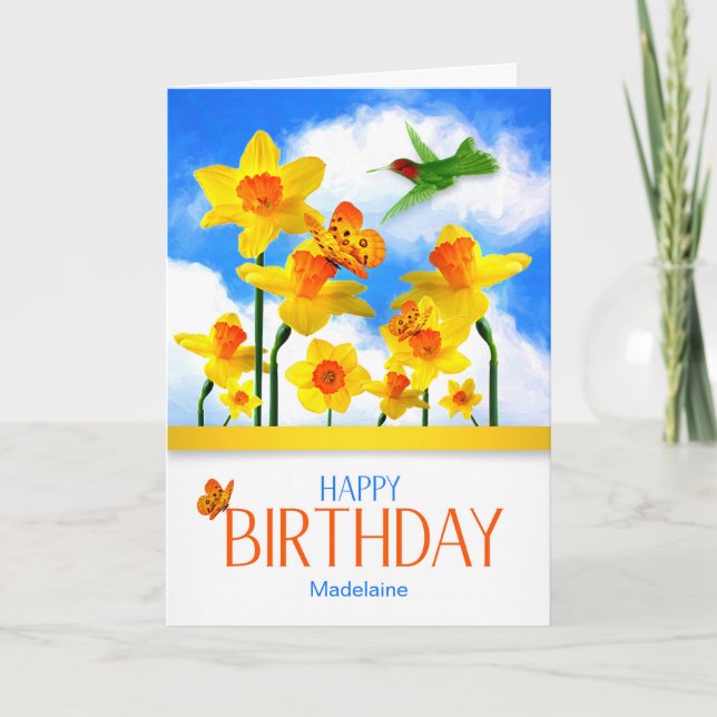 Daffodils and Hummingbird with Name Birthday Karte (Vorderseite)