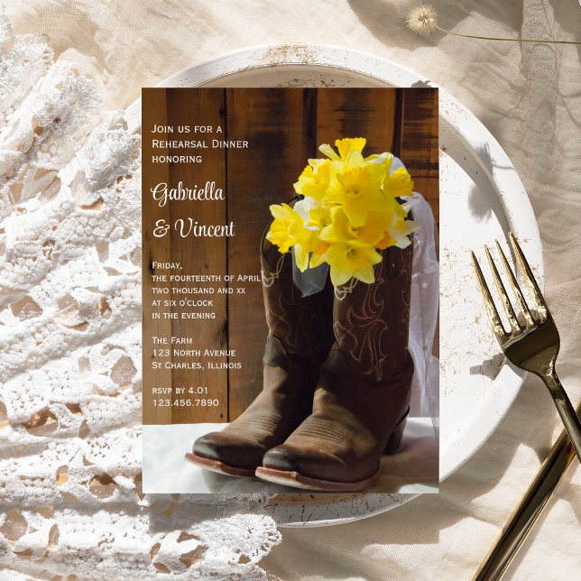 Daffodils Cowboy Boots Hochzeit Probe Dinner Einladung (Von Creator hochgeladen)
