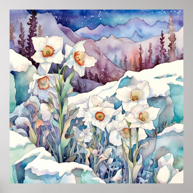 Daffodin unter der Schneemauer Kunst, Blumenplatz Poster (Vorne)