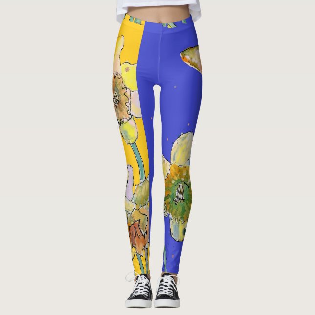 Daffodin Watercolor Blume Blue Floral Leggings (Vorderseite)
