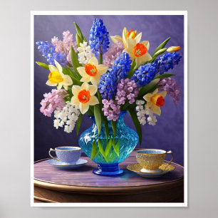 Daffodis Hyacinths Blue Glass Vase Teacups Poster