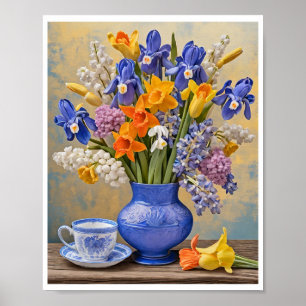 Daffodis Iris Blue Keramik Vase Teacup Poster