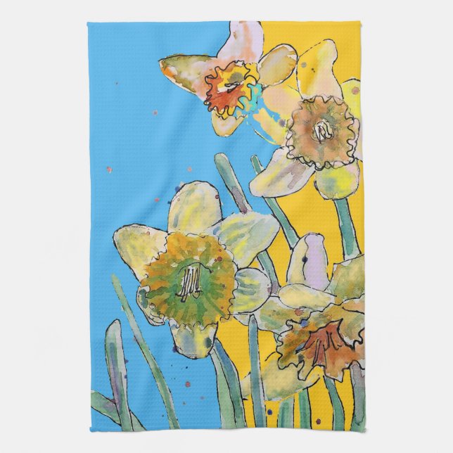 Daffodische Blume Blumenfeder Wasserfarbe Blau Geschirrtuch (Vertikal)