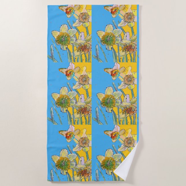 Daffodische Blume Floral Wasserfarbe Blau Strandtuch (Vorderseite)