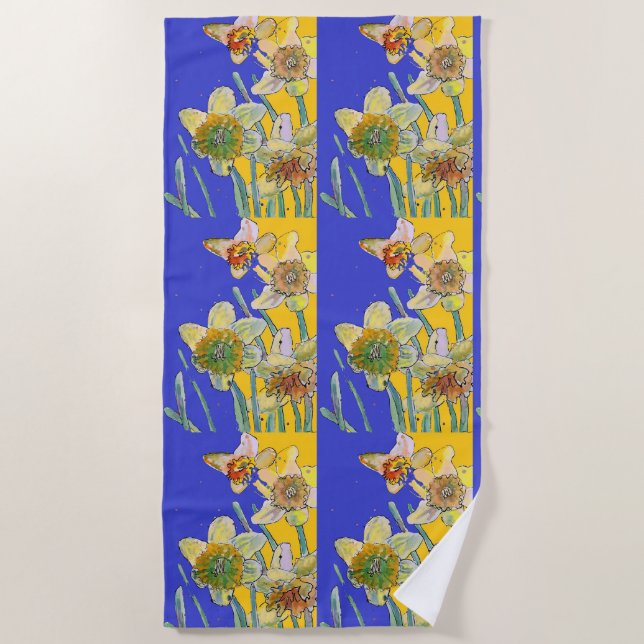 Daffodische Blume Floral Watercolor Navy Blue Strandtuch (Vorderseite)