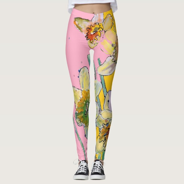 Daffodische Blume Wasserfarbe Rosa Leggings (Vorderseite)