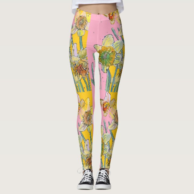 Daffodische Blume Wasserfarbe Rosa Leggings (Vorderseite)