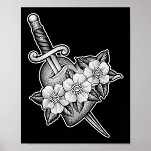 Dagger Through Heart X Blume Blackwork Tattoo Fl Poster
