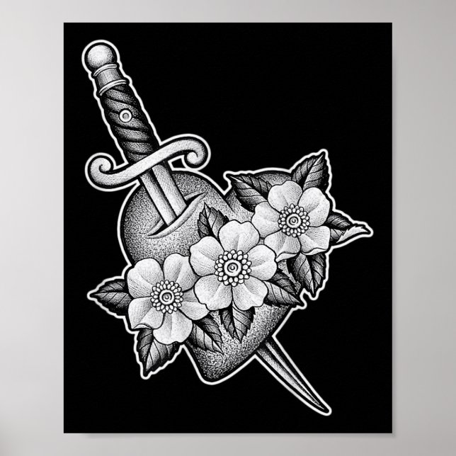 Dagger Through Heart X Blume Blackwork Tattoo Fl Poster (Vorne)