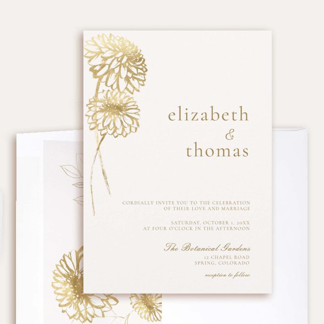 Dahlia Art Sketch Imitate Gold Moderne Hochzeit im Einladung (elegant fall wedding invitation dahlia faux gold gilded  floral sketch modern formal casual stylish)