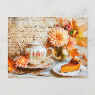 Dahlia Bloom with Pumpkin Cake Slice and Teapot Postkarte