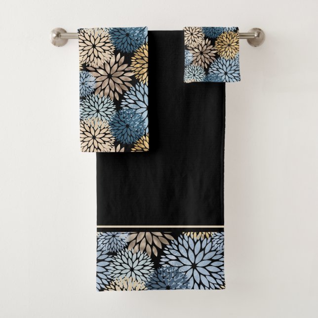 Dahlia Blue Gold Floral Pattern Badhandtuch Set (Insitu)