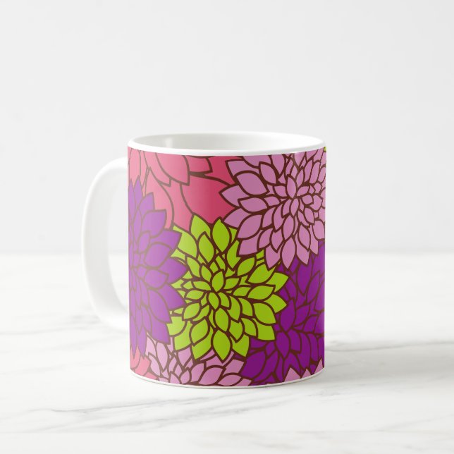 Dahlia-Blume, farbenfrohe Blume, Blumenmuster Kaffeetasse (Vorderseite Links)
