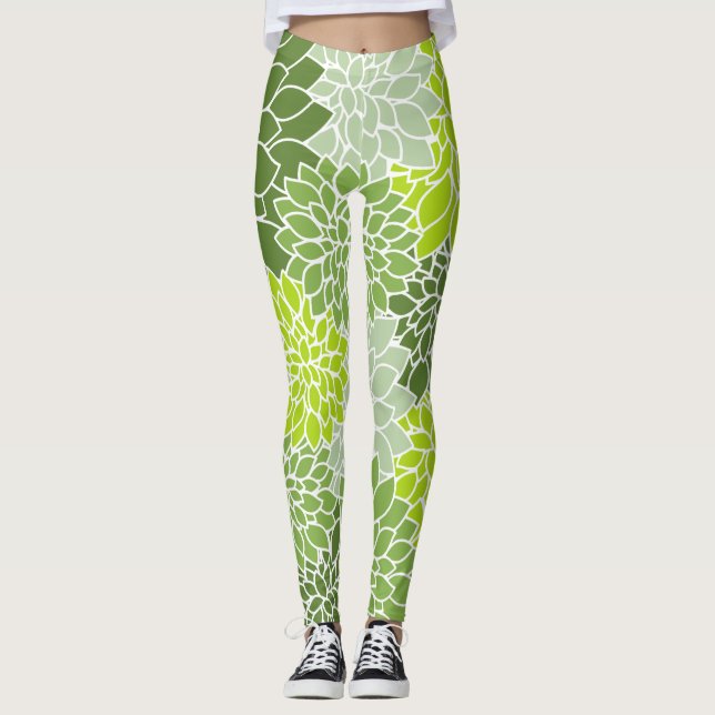 Dahlia-Blume, Muster von Blume, grüner Dahlia Leggings (Vorderseite)