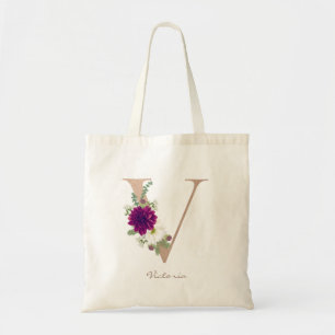 Dahlia-Blumenstrauß Roségold-Monogrammbuchstabe V Tragetasche