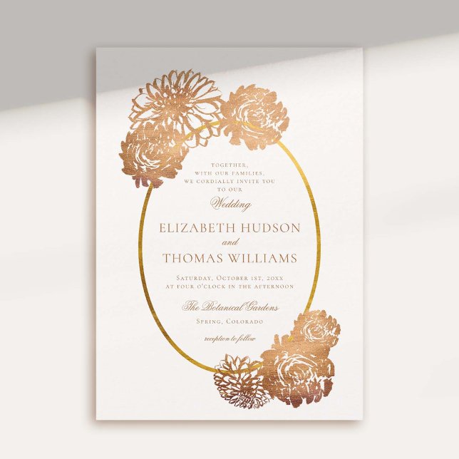 Dahlia Blumenstrauß-Skizze Kupfer Gold Hochzeit im Einladung (elegant fall wedding invitation dahlia faux gold gilded copper floral frame art sketch modern)