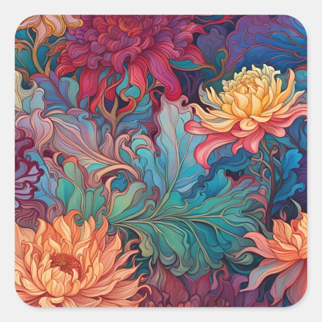 Dahlia Floral Tapestry Quadratischer Aufkleber (Vorderseite)