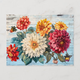 Dahlia Garden Mix on Blue Wood Postkarte