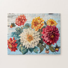 Dahlia Garden Mix on Blue Wood Puzzle