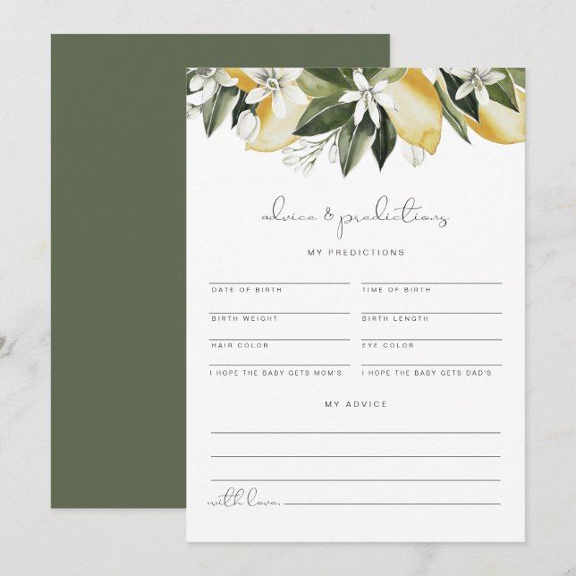 DAHLIA Lemon Baby Advice and Predictions Card Einladung (Vorne/Hinten)
